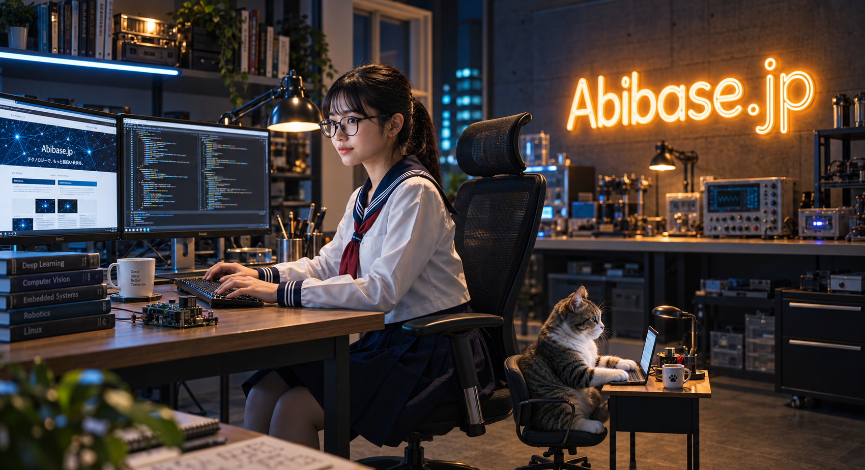 研究室でWebサイトを制作する眼鏡姿の女性と、小さな机で一緒に作業する猫