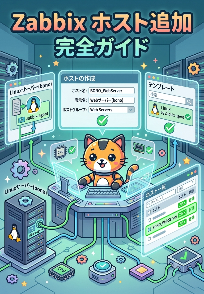 Zabbixの管理画面（Web UI）から、監視対象（ホスト）を新しく追加する手順