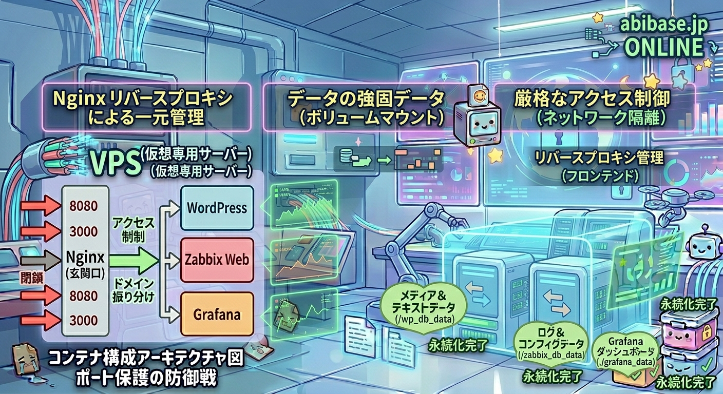 【Docker Compose】1台のVPSにWordPress・Zabbix・Grafanaを美しく同居させるコンテナ要塞の構築