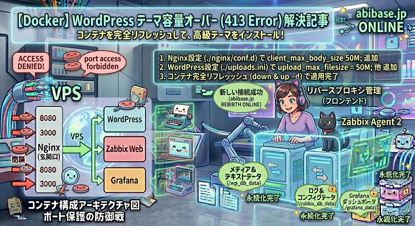 【Docker】WordPressのテーマ容量オーバー（413 Error）をコンテナ環境で美しく解決する方法