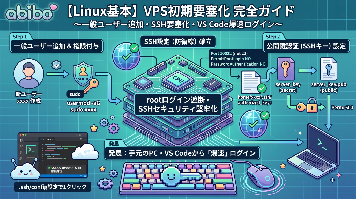 【Linux基本】VPSを借りたら最初にやるべき「ユーザー追加」「SSH堅牢化」「VS Code接続」の完全ガイド